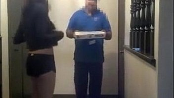 Asian girl gives pizza guy blowjob