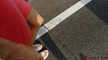 Mistress walking bare feet (flip flops) in public with submissive - outdoor POV